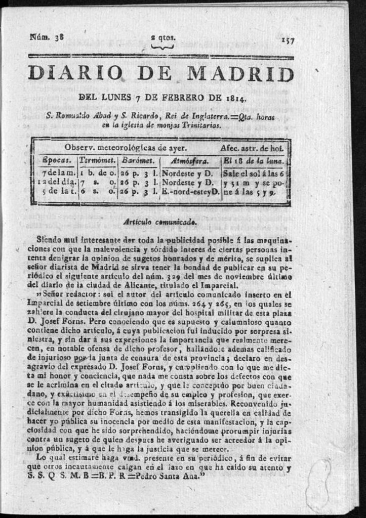 Miniatura de Diario de Madrid del lunes 7 de Febrero de 1814