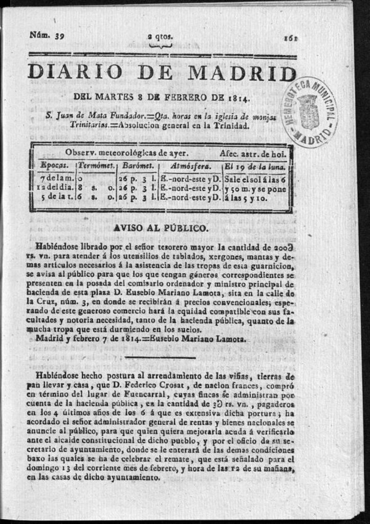 Miniatura de Diario de Madrid del martes 8 de Febrero de 1814