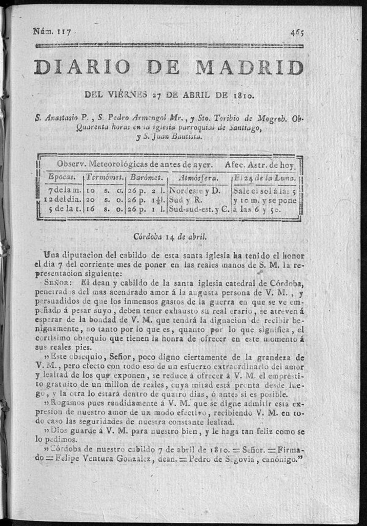 Miniatura de Diario de Madrid del viernes 27 de Abril de 1810