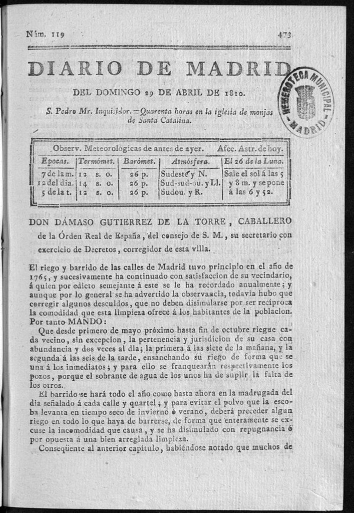 Miniatura de Diario de Madrid del domingo 29 de Abril de 1810