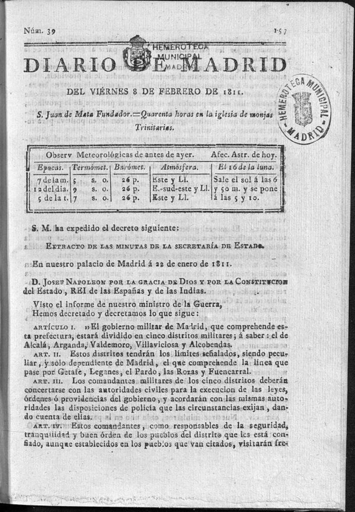 Miniatura de Diario de Madrid del viernes 8 de Febrero de 1811