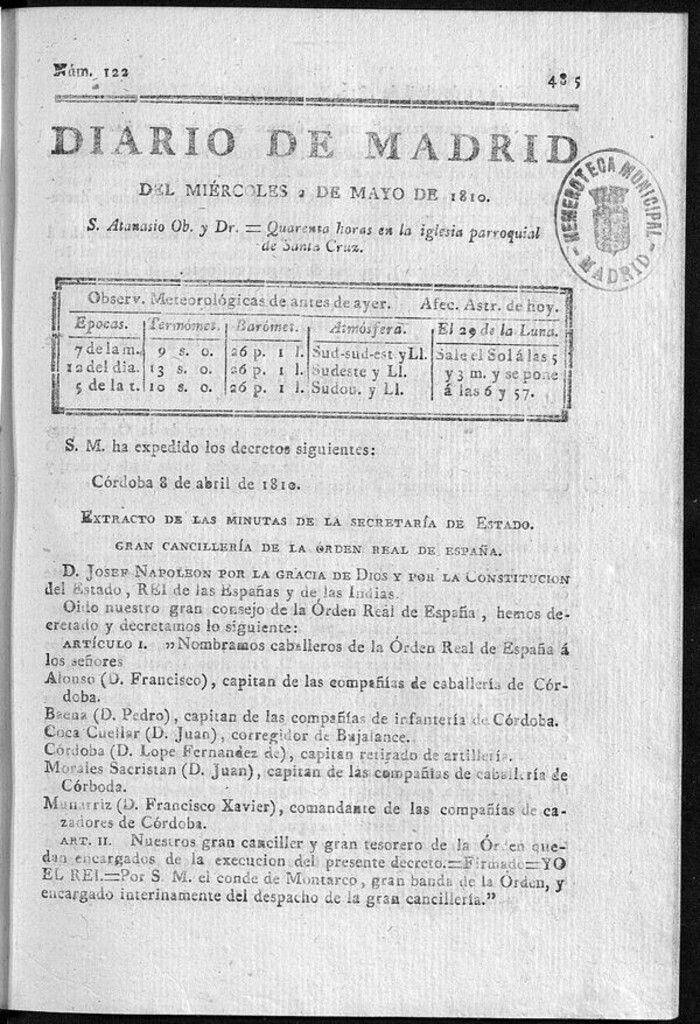 Miniatura de Diario de Madrid del miércoles 2 de Mayo de 1810