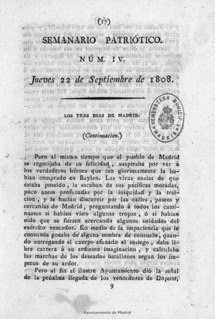 Miniatura de Semanario Patriótico. Num IV. Jueves 22 de Septiembre de 1808