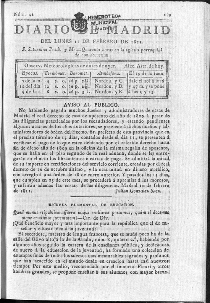 Miniatura de Diario de Madrid del lunes 11 de Febrero de 1811
