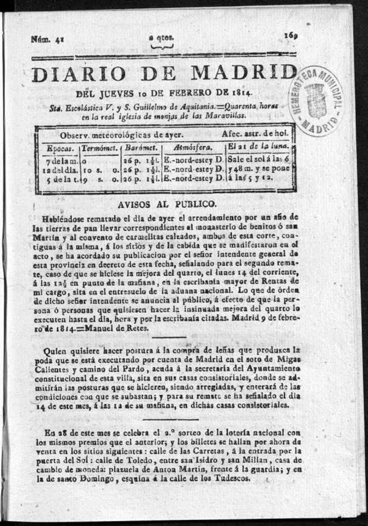 Miniatura de Diario de Madrid del jueves 10 de Febrero de 1814