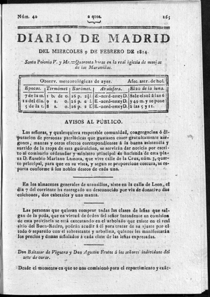 Miniatura de Diario de Madrid del miércoles 9 de Febrero de 1814