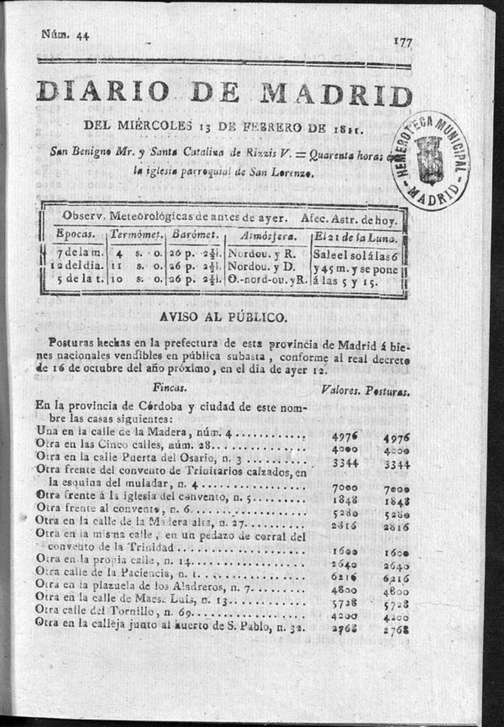 Miniatura de Diario de Madrid del miércoles 13 de Febrero de 1811