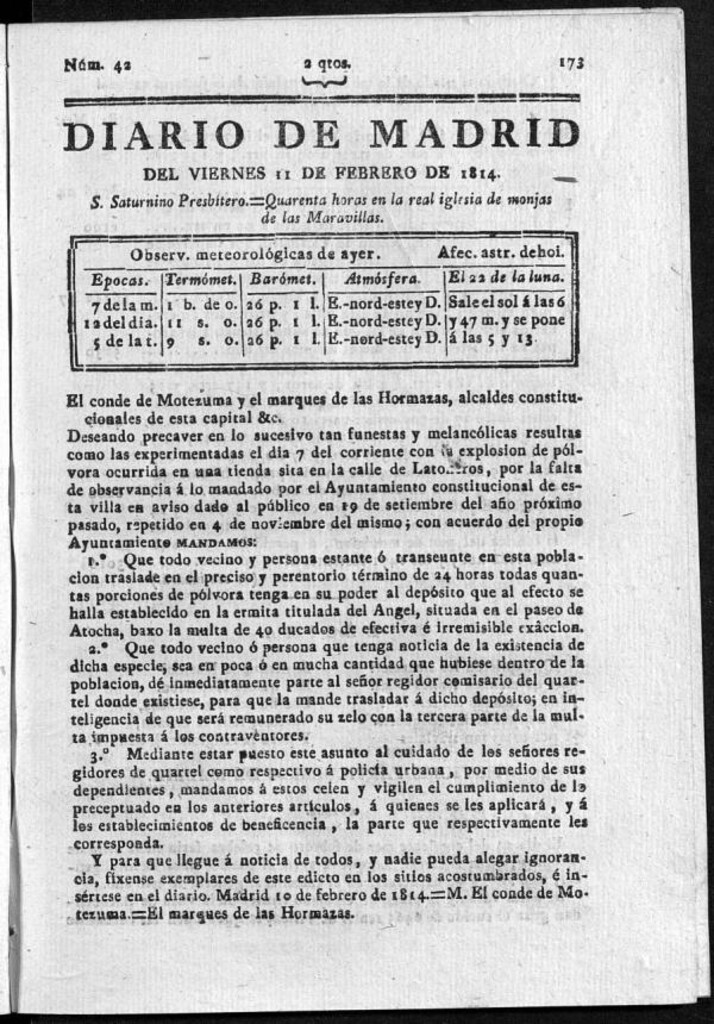 Miniatura de Diario de Madrid del viernes 11 de Febrero de 1814