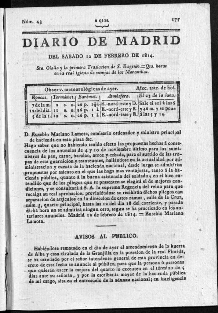 Miniatura de Diario de Madrid del sábado 12 de Febrero de 1814