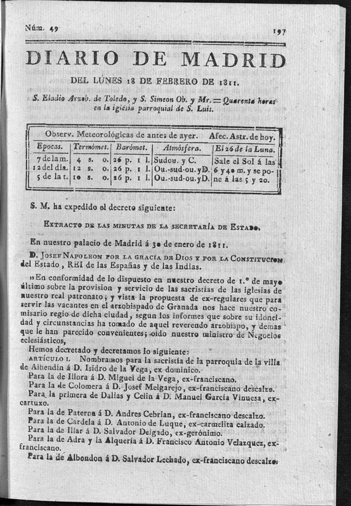 Miniatura de Diario de Madrid del lunes 18 de Febrero de 1811