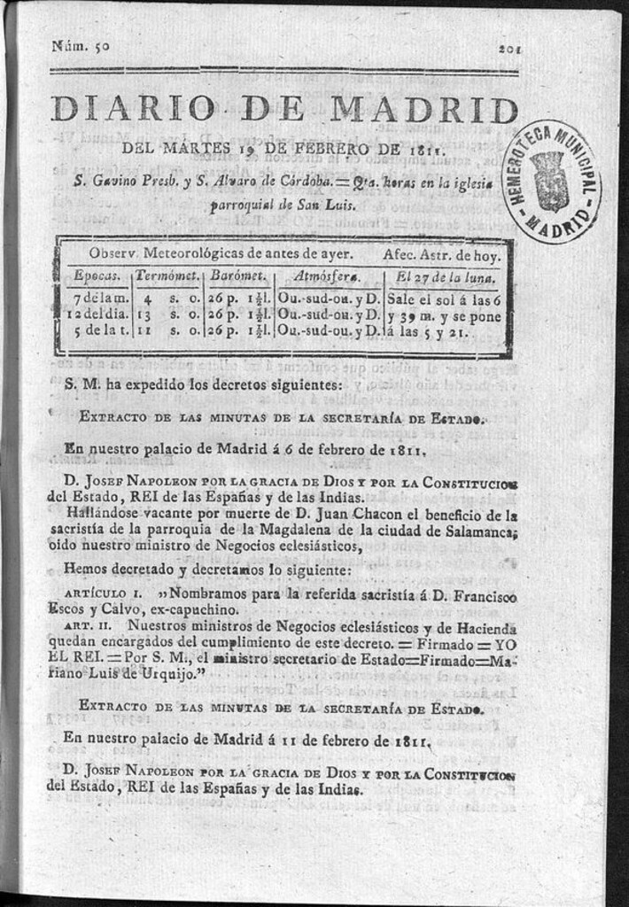 Miniatura de Diario de Madrid del martes 19 de Febrero de 1811