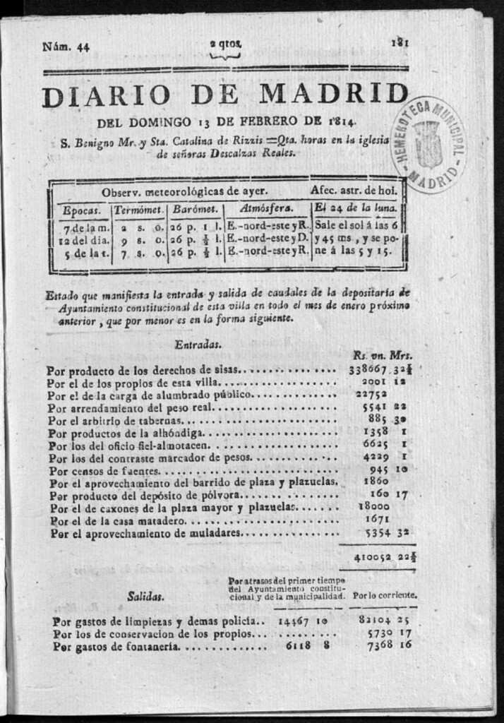 Miniatura de Diario de Madrid del domingo 13 de Febrero de 1814
