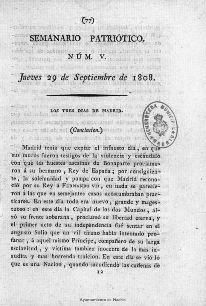 Miniatura de Semanario Patriótico. Num V. Jueves 29 de Septiembre de 1808
