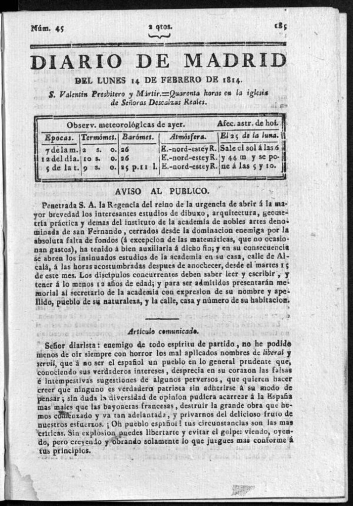 Miniatura de Diario de Madrid del lunes 14 de Febrero de 1814
