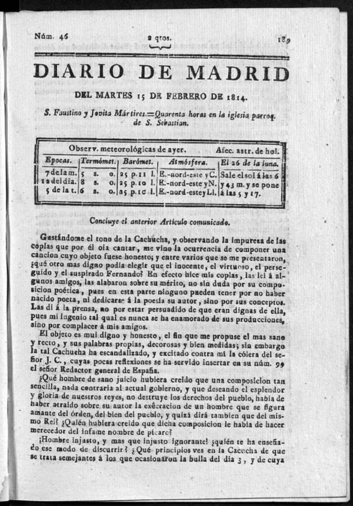 Miniatura de Diario de Madrid del martes 15 de Febrero de 1814