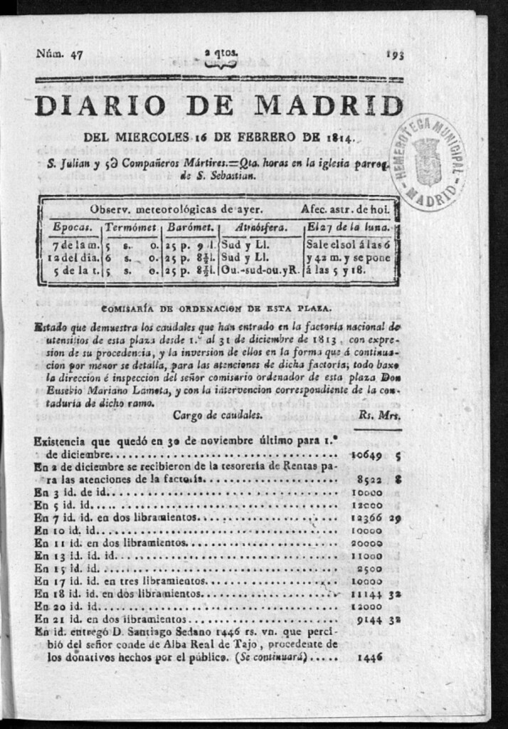 Miniatura de Diario de Madrid del miércoles 16 de Febrero de 1814