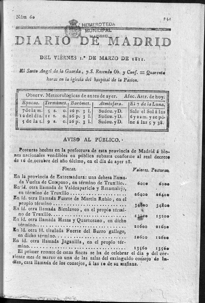 Miniatura de Diario de Madrid del viernes 1 de Marzo de 1811