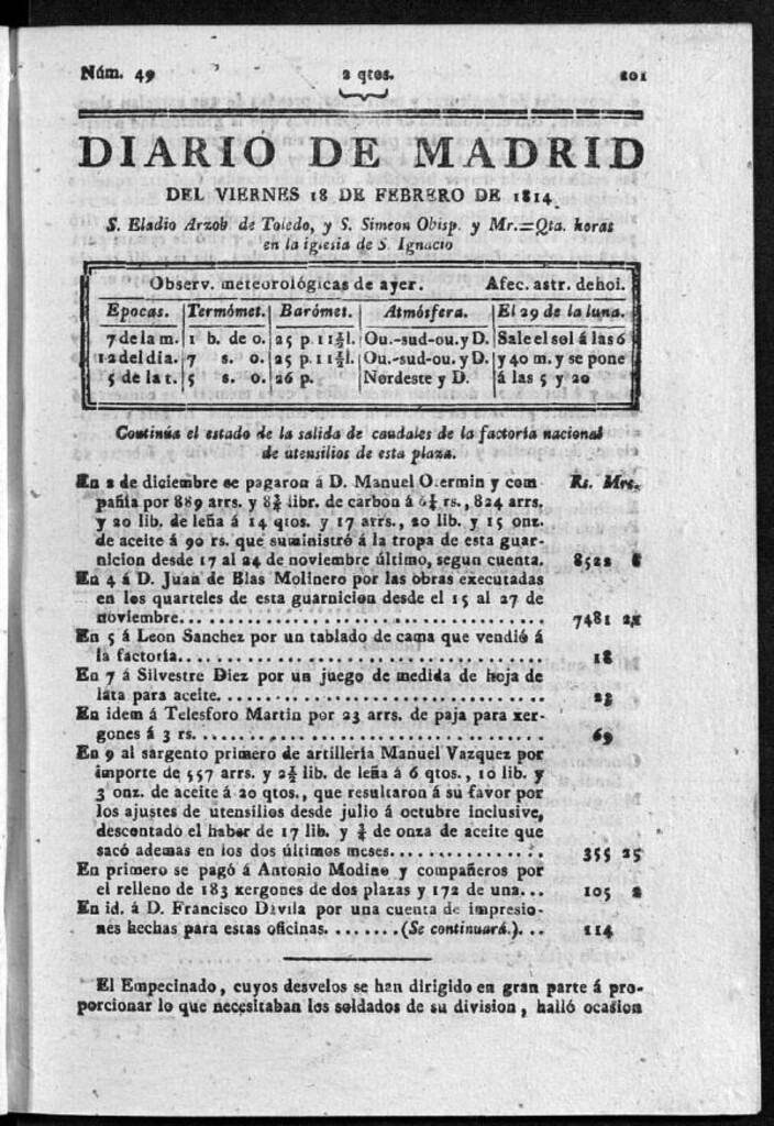 Miniatura de Diario de Madrid del viernes 18 de Febrero de 1814