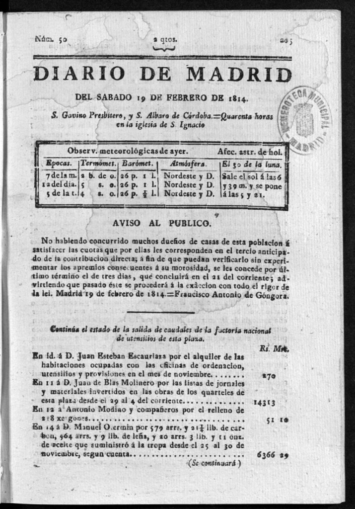 Miniatura de Diario de Madrid del sábado 19 de Febrero de 1814