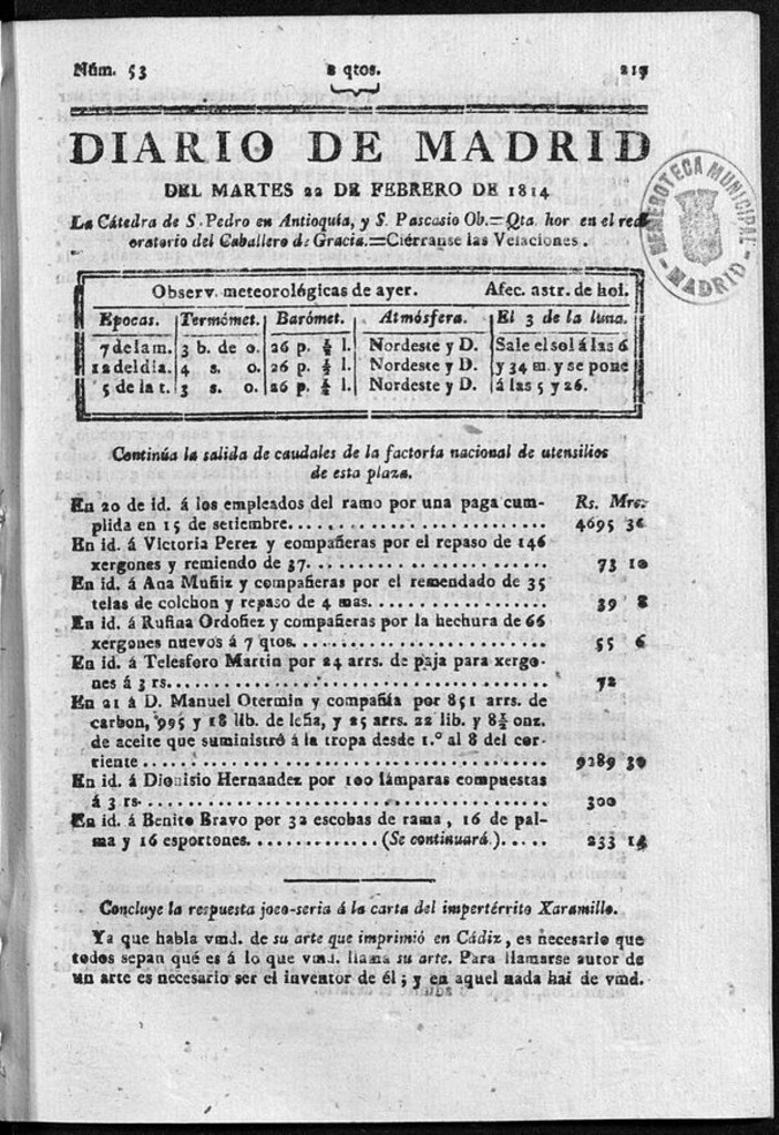 Miniatura de Diario de Madrid del martes 22 de Febrero de 1814
