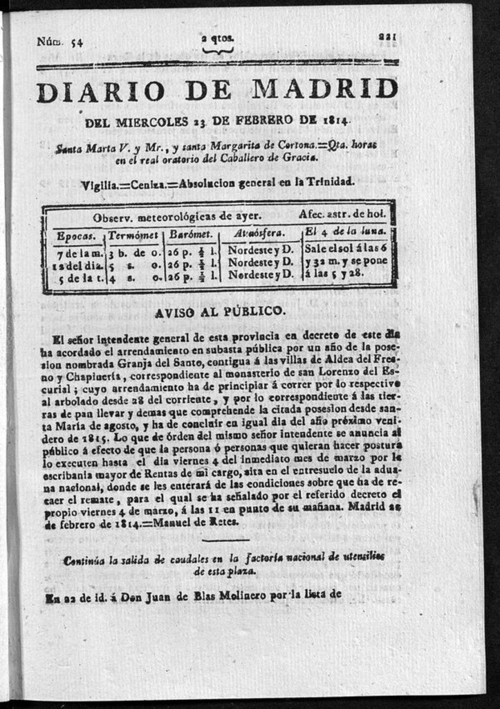 Miniatura de Diario de Madrid del miércoles 23 de Febrero de 1814