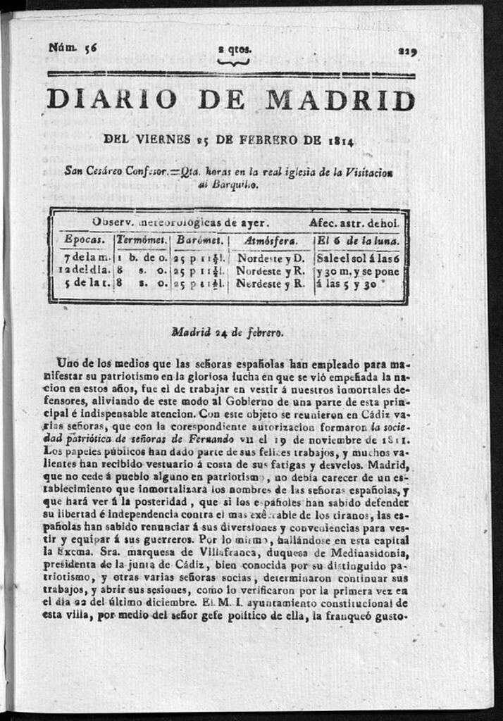 Miniatura de Diario de Madrid del viernes 25 de Febrero de 1814