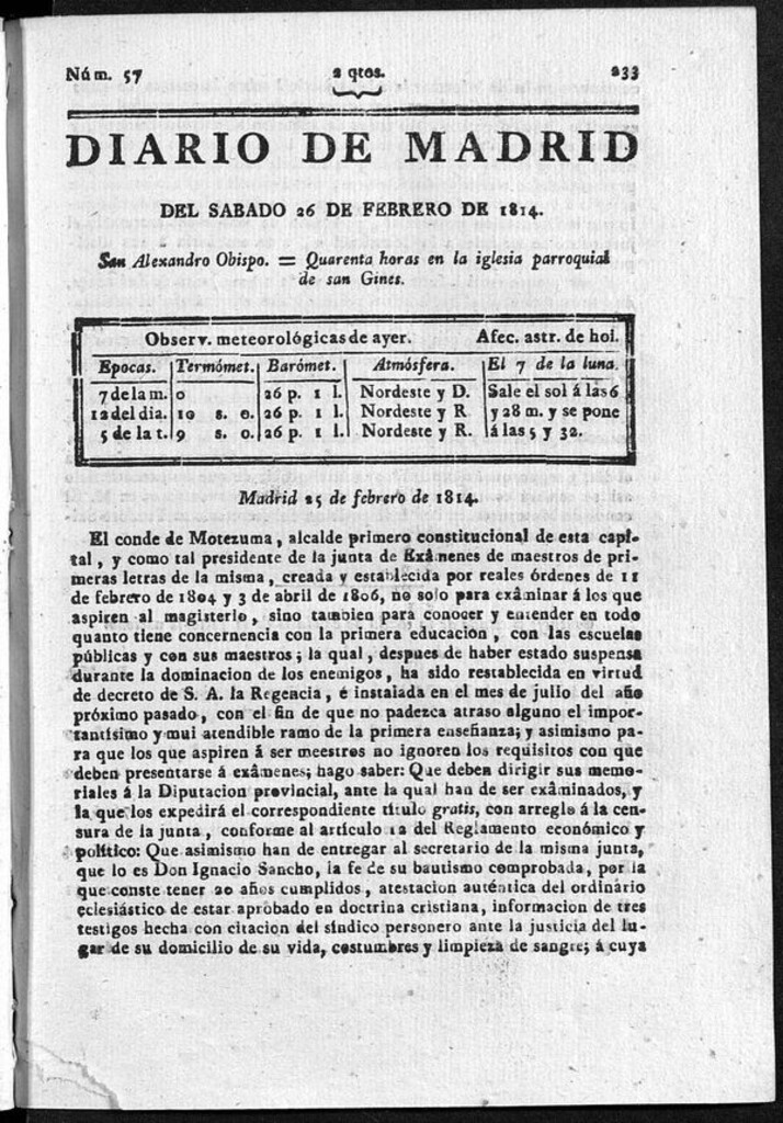 Miniatura de Diario de Madrid del sábado 26 de Febrero de 1814