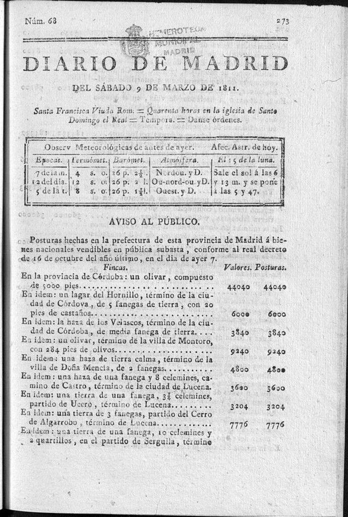 Miniatura de Diario de Madrid del sábado 9 de Marzo de 1811