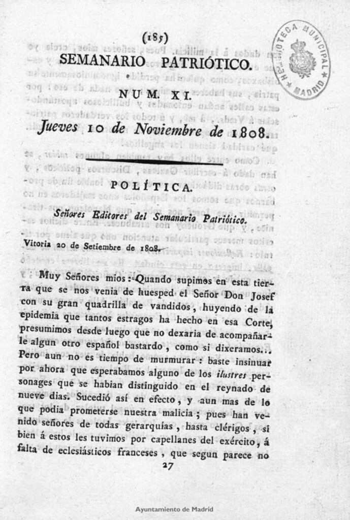 Miniatura de Semanario Patriótico. Num XI. Jueves 10 de Noviembre de 1808