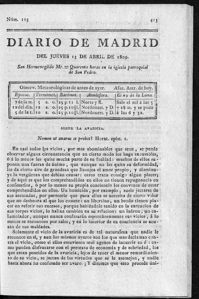 Miniatura de Diario de Madrid del jueves 13 de Abril de 1809