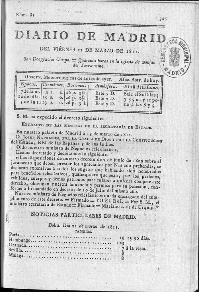 Miniatura de Diario de Madrid del viernes 22 de Marzo de 1811