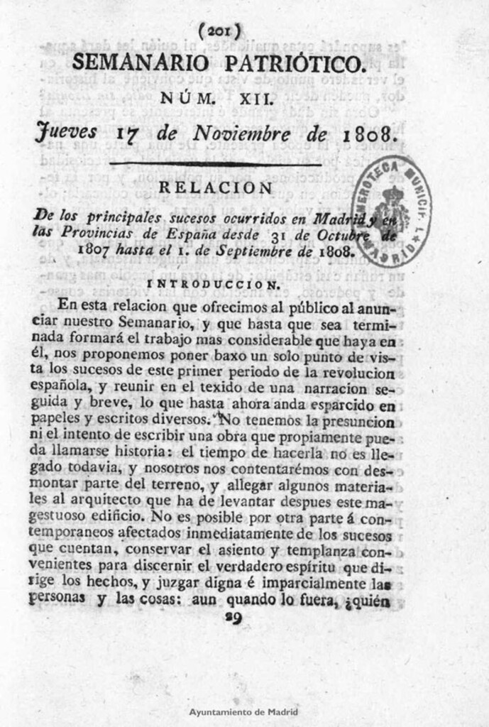 Miniatura de Semanario Patriótico. Num XII. Jueves 17 de Noviembre de 1808