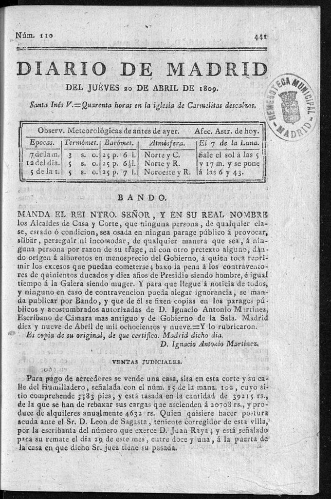Miniatura de Diario de Madrid del jueves 20 de Abril de 1809