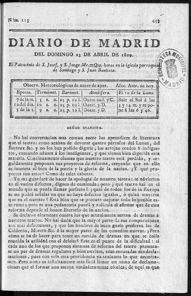 Miniatura de Diario de Madrid del domingo 23 de Abril de 1809