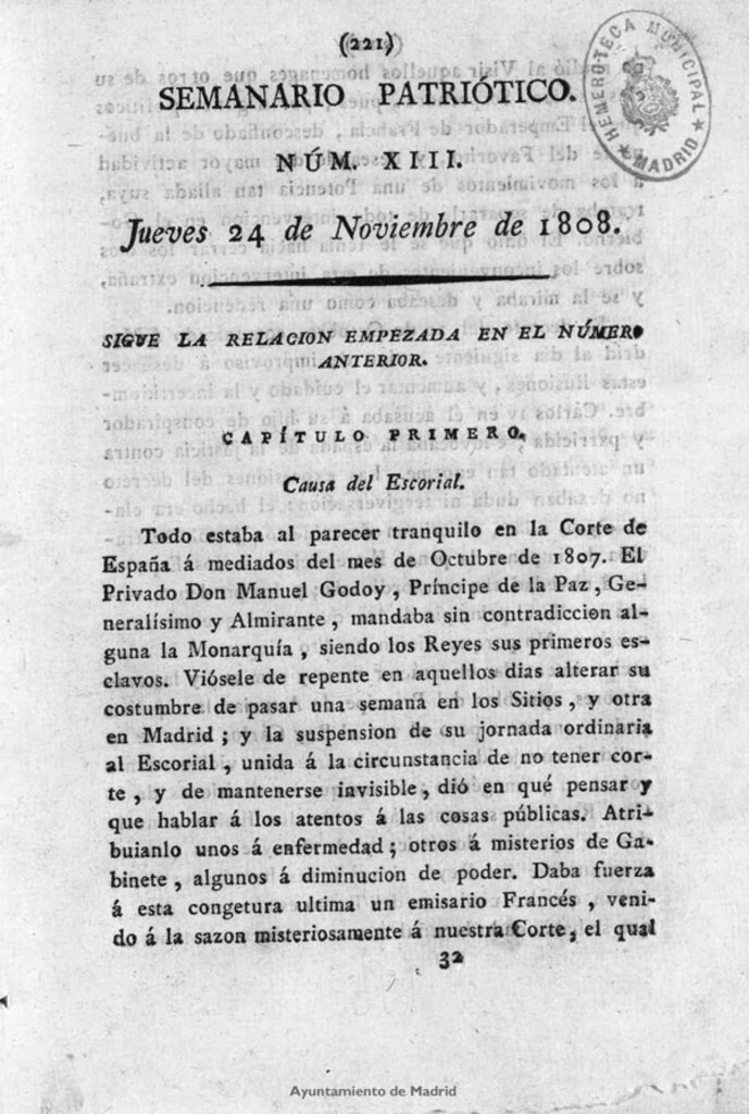 Miniatura de Semanario Patriótico. Num XIII. Jueves 24 de Noviembre de 1808
