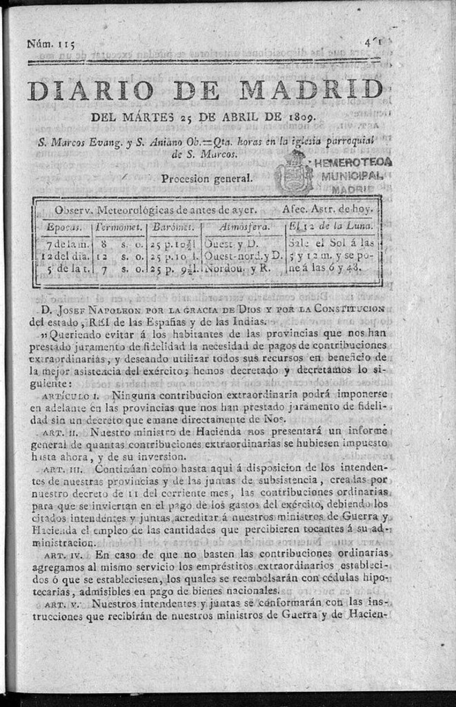 Miniatura de Diario de Madrid del martes 25 de Abril de 1809