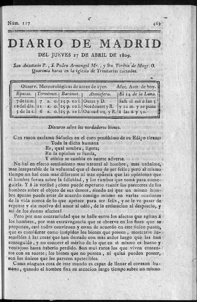 Miniatura de Diario de Madrid del jueves 27 de Abril de 1809