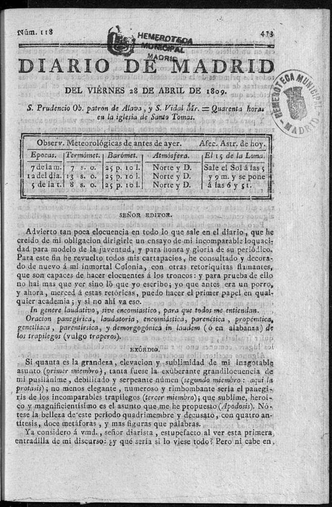 Miniatura de Diario de Madrid del viernes 28 de Abril de 1809