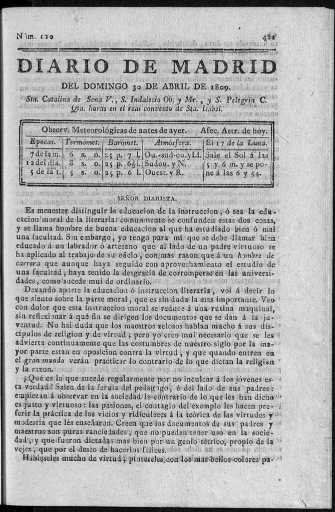 Miniatura de Diario de Madrid del domingo 30 de Abril de 1809