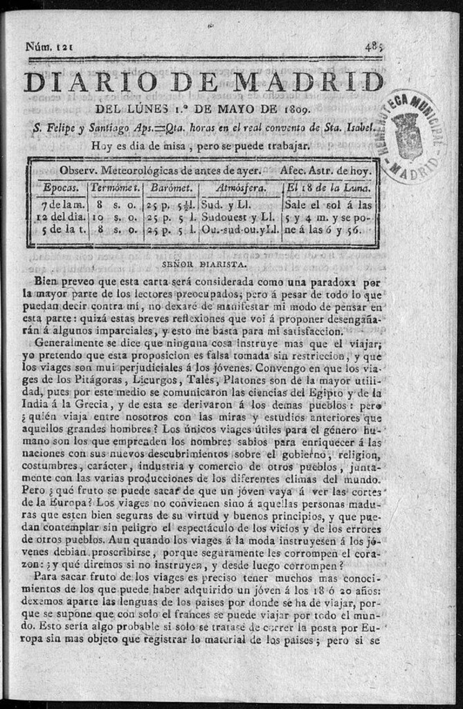 Miniatura de Diario de Madrid del lunes 1 de Mayo de 1809