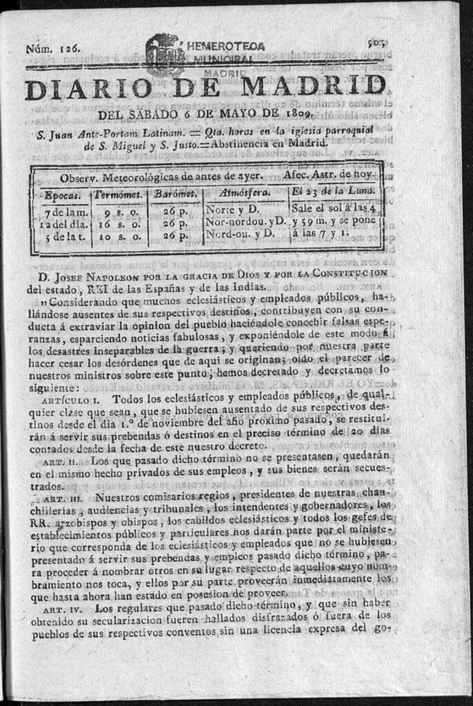 Miniatura de Diario de Madrid del sábado 6 de Mayo de 1809