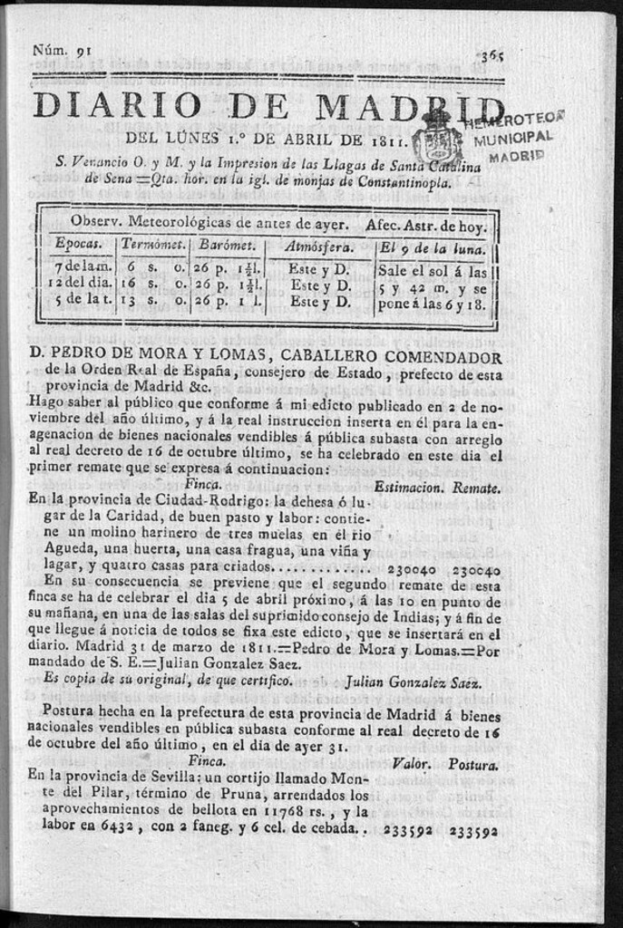 Miniatura de Diario de Madrid del lunes 1 de Abril de 1811