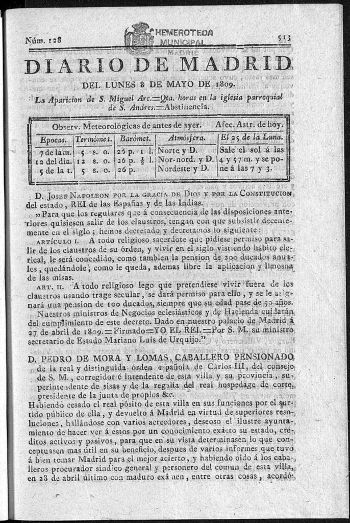 Miniatura de Diario de Madrid del lunes 8 de Mayo de 1809