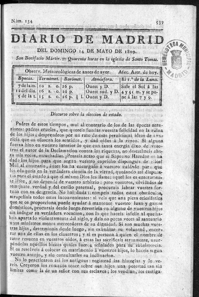 Miniatura de Diario de Madrid del domingo 14 de Mayo de 1809