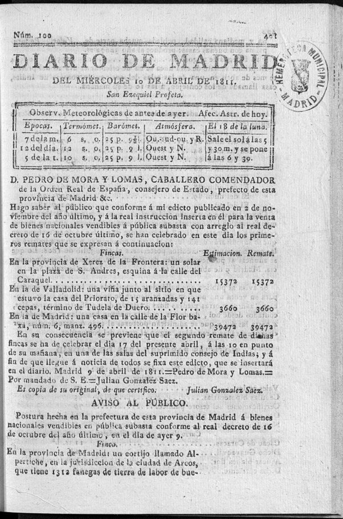 Miniatura de Diario de Madrid del miércoles 10 de Abril de 1811