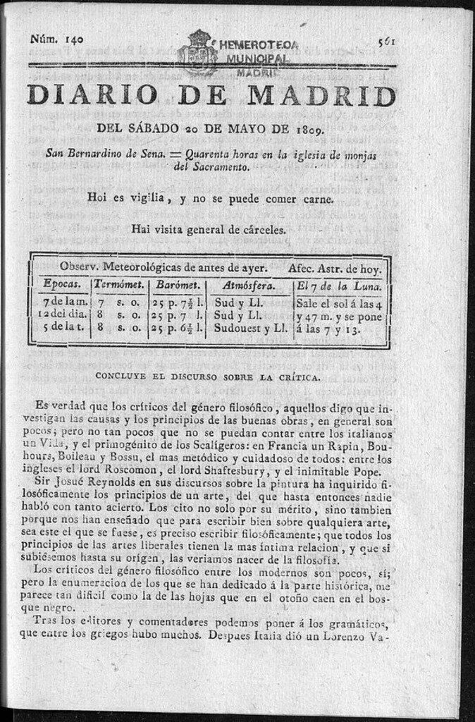 Miniatura de Diario de Madrid del sábado 20 de Mayo de 1809