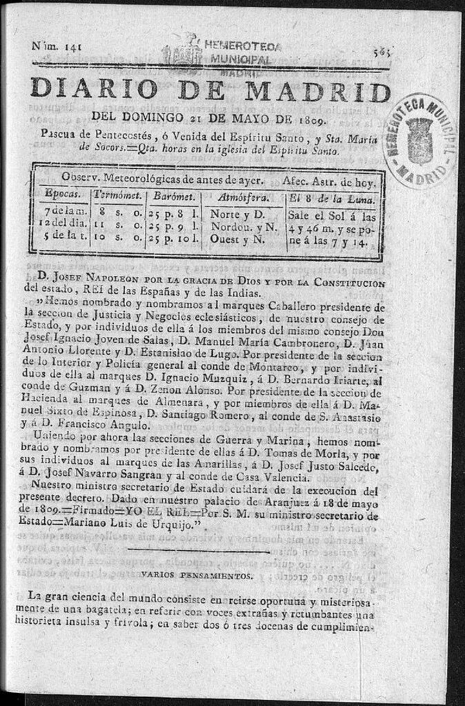 Miniatura de Diario de Madrid del domingo 21 de Mayo de 1809