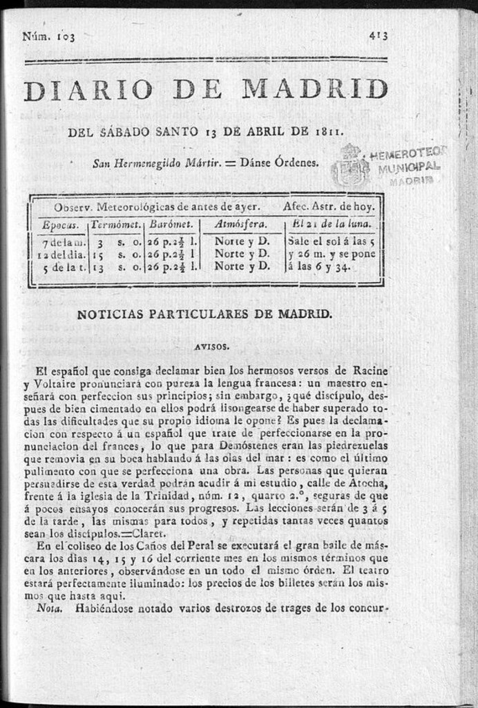 Miniatura de Diario de Madrid del sábado 13 de Abril de 1811