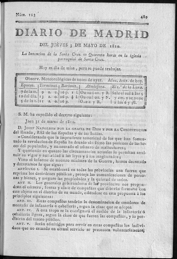 Miniatura de Diario de Madrid del jueves 3 de Mayo de 1810