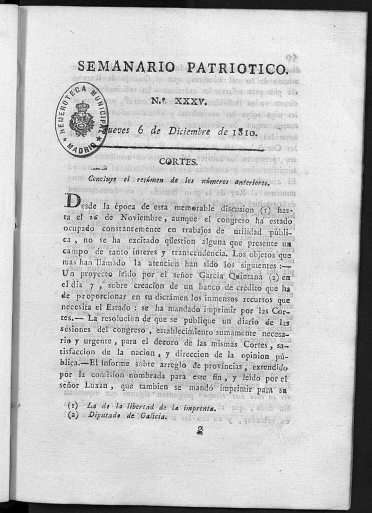 Miniatura de Semanario Patriótico. Num XXXV. Jueves 6 de Diciembre de 1810